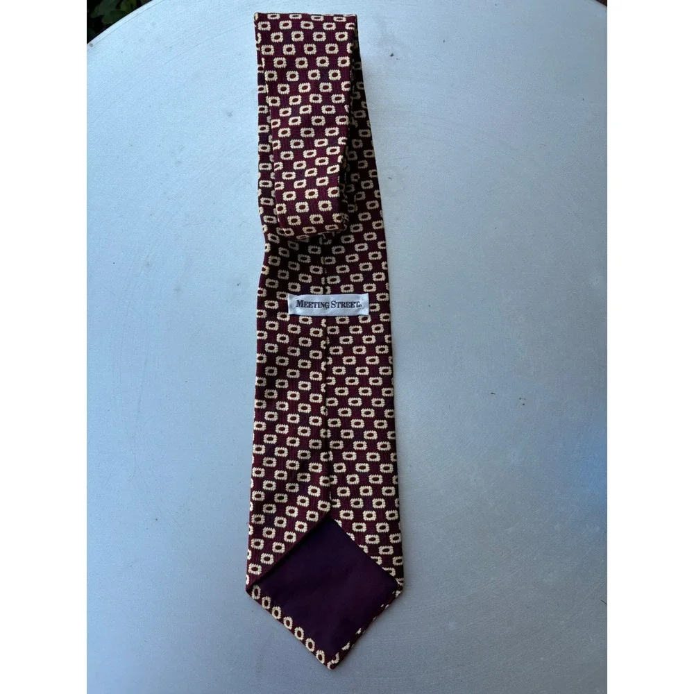 Meeting Street Burgundy Cream Geometric Medallion 100% Silk Tie Made in USA